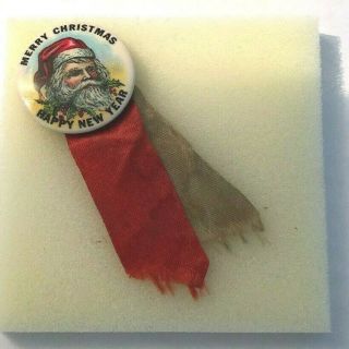 Antique Merry Christmas Happy Year Santa Claus Pin Back Brooch