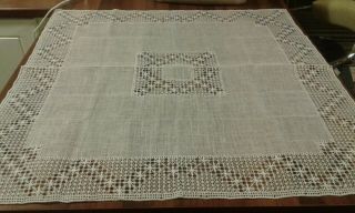 Vintage Cream Italian Starched Linen And Lace Tablecloth 34 " X 34 "