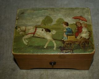 Rare Antique Wooden Music Box W/children Riding In Goat Cart Image – Italy