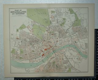 1894 Vintage Map / Plan Of Newcastle On Tyne & Gateshead - Brabner / Mackenzie