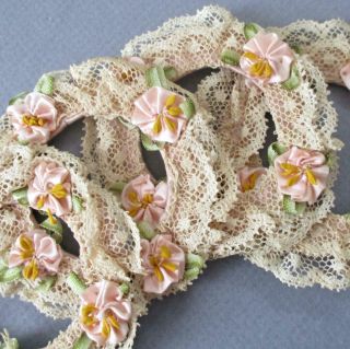 4 Vintage Handmade Ring Shape Ornaments Pink Silk Ribbonwork Flowers French Lace