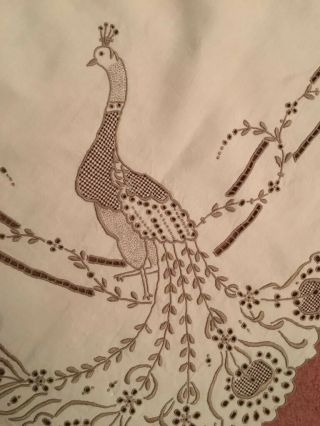 Antique Vintage Embroidered Peacocks Madeira Table Linen Very Rare Stunning