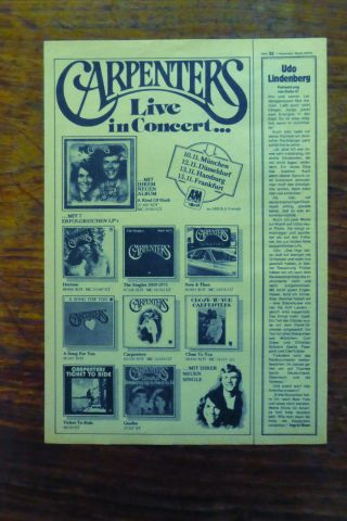 Carpenters " Live In Germany " 1976 Promo Poster Ad German Music Mag.  Rare Beauty