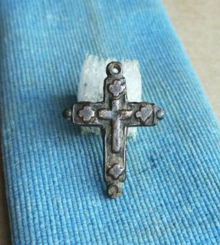Very Rare Antique 17th Century Catholic Small Bronze Cross With Ornament