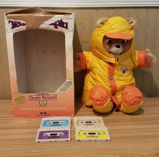 Vintage 1985 Teddy Ruxpin Plush Bear Doll,  Rain Suit & 4 Tapes