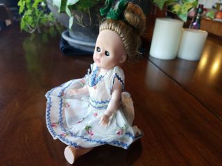 Little Miss Ginger Vintage Doll Blonde Hair Clear Eyes With White And Blue Dress