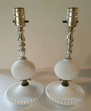 Vintage Hobnail Milk Glass White Lamp Pair Table Lamps Antique Boudoir Vanity