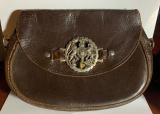 Vintage Leather Satchel W/ British “royal Coat Of Arms” Silver Crest