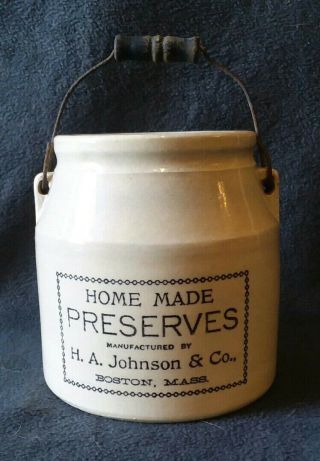 Vintage Stoneware Crock Bail Handle Advertising H.  A.  Johnson & Co Boston Mass.