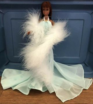 Vintage Barbie Francie Silkstone Doll Satin Gown Feathered Boa Neckline Beads