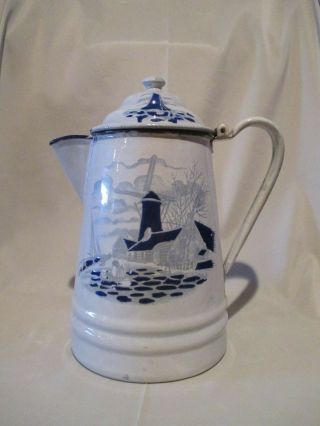 Antique Enamelware Coffee Pot Cobalt Blue On White Dutch Windmill House & Boats