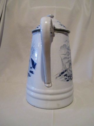 Antique Enamelware Coffee Pot Cobalt Blue on White Dutch Windmill House & Boats 2