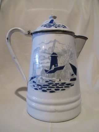 Antique Enamelware Coffee Pot Cobalt Blue on White Dutch Windmill House & Boats 3