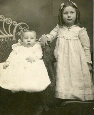 Antique Matted Photo Cute Little Girl & Baby Id 