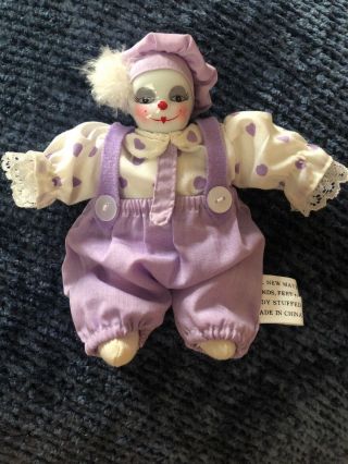 Vintage Hand Painted Porcelain Clown Doll,  Purple Color,  Sand Bag Style