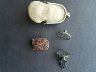 Antique Sealing Wax Stamp Set - 2 Stamps And Wax In Small Leather Purse