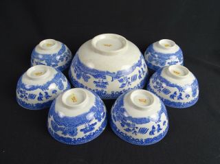Large Vintage Japanese Blue Willow Bowl & 6 Matching Smaller Bowls Japan