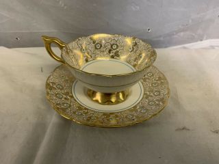 Royal Stafford Tea Cup And Saucer Gold Gilt Floral Blue Beaded Teacup Pattern