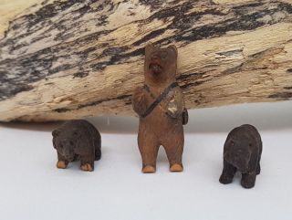 Rare 3 Antique Wooden Black Forest Bears Miniature