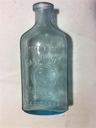 Antique/vintage Phillip’s Milk Of Magnesia Aqua Bottle 1890 To Early 1900’s