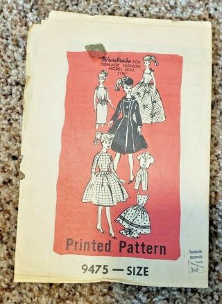 Rare - Vintage - 1960s Mail Order Pattern 9475 For Teen 11 1/2 " Doll - Not A Repo