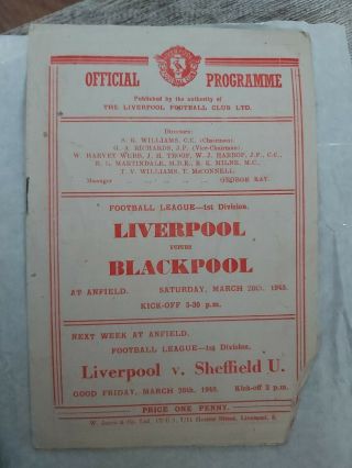 Liverpool Fc V Blackpool March 20th 1948 Div 1 And Very Rare