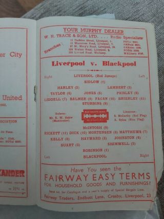 LIVERPOOL FC v Blackpool March 20th 1948 Div 1 And VERY Rare 3