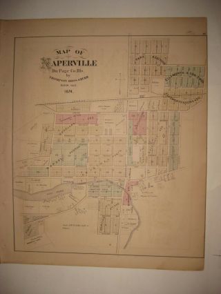 Vintage Antique 1874 Naperville Dupage County Illinois Handcolored Dated Map Nr
