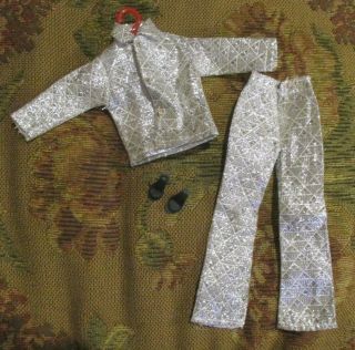 Vintage Mod Barbie Doll Clone Silver Lame Pant Suit With Gold Buttons,  Shoes