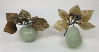 Vintage Set 2 Chinese Celadon Green Jade Carved Apple And Pear With Stone Leaves