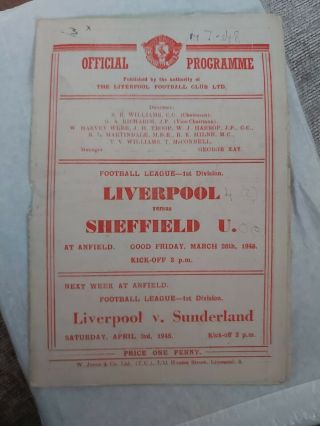 Liverpool Fc V Sheffield United Div 1 March 26th 1948 And Very Rare