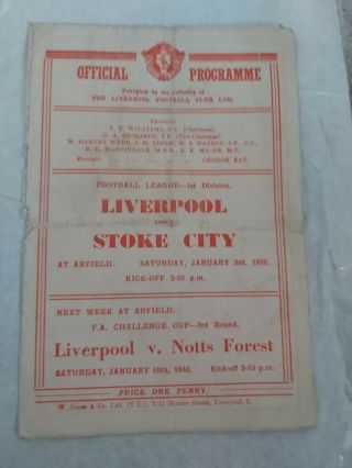 Liverpool Fc V Stoke City Jan 3rd 1948 Div 1 And Very Rare