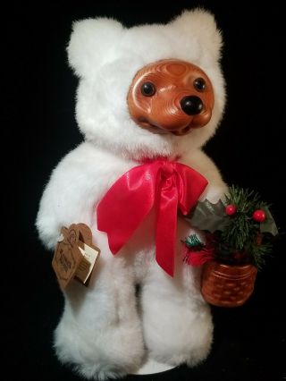 Vintage Robert Raikes Alvin Bear Christmas Edition 1993 White Fur Wood Basket