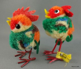 Steiff Woolen Rooster X 2 One Id Button Tag 8 Cm Metal & Plastic Legs 1960s - 70s