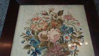 English.  19th Century Cotton,  Wool Work Sampler.  Mahogany Wooden Frame Flower Desig