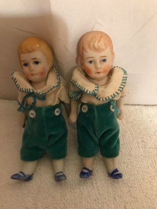 Set Of 2 Vintage 4 1/4 " Jointed Porcelain/bisque Boy Dolls