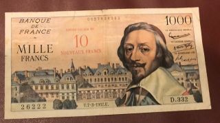 France French 10 Franc Overprint On 1000 Franc Richelieu 1957 Pick 138 Rare