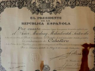 Spain.  Rare Document For Order Of Merit Of The Spanish Republic,  1936.  Medal