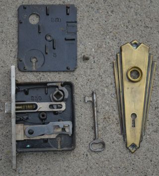 Vintage Mortise Door Lock Brass Face Cast Iron W/key & Deco Plate