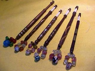 Six Victorian Antique Lace Makers Bobbins - Good Mixture With Old Bead Spangles