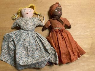 Two Old Cloth Totsy Turvey Black/white Dolls - 1 Has Mask Faces