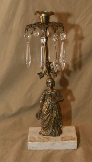 Vintage Antique 14 " Bronze? Cast Metal Figurine Candlestick W Prisms Marble Base