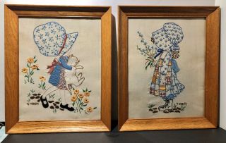 Holly Hobbie Needlepoint Oak Framed Pictures 16x13 Set Of Two Vintage 70’s