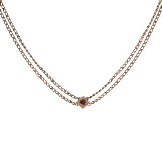 Victorian Garnet Slide Charm Necklace 24 3/4 " - Gold Filled Antique Curb Chain