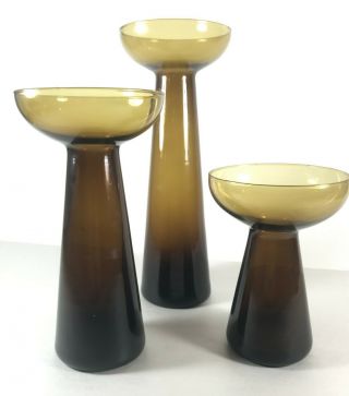 Trio Of Vintage Mid Century Modern Amber Glass Candle Holders Morgantown Glass