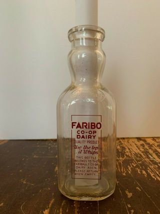 Rare Vintage Faribo Co - Op Dairy One Quart Cream Top Milk Bottle Faribault Mn