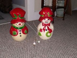 Mr.  & Mrs.  Snowman Blow Mold Union Products 13 " 14 " Rare Pair Snowlady Snowman