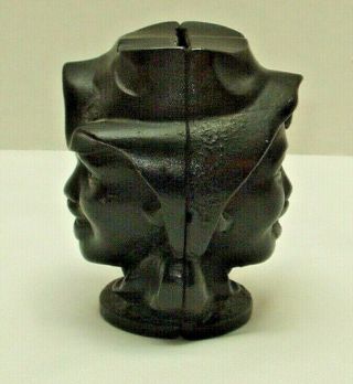 Vintage Antique Cast Iron Black Two Faced Still Bank - Very Good Shape - 4 " High