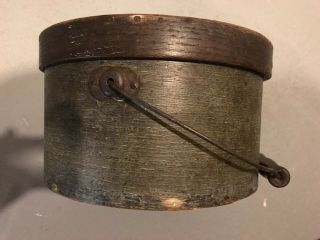 Antique Small Wooden Round Band Box with Decorated Lid and Bail Handle 2