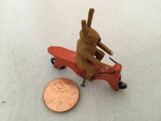 Miniature German Erzgebirge Carved Wood Rabbit On Motorcycle Penny Toy Putz